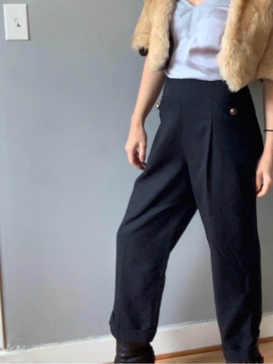 Elegant Sandro Navy Blue Pleated High-Waisted Tailored Pants With Button Detail